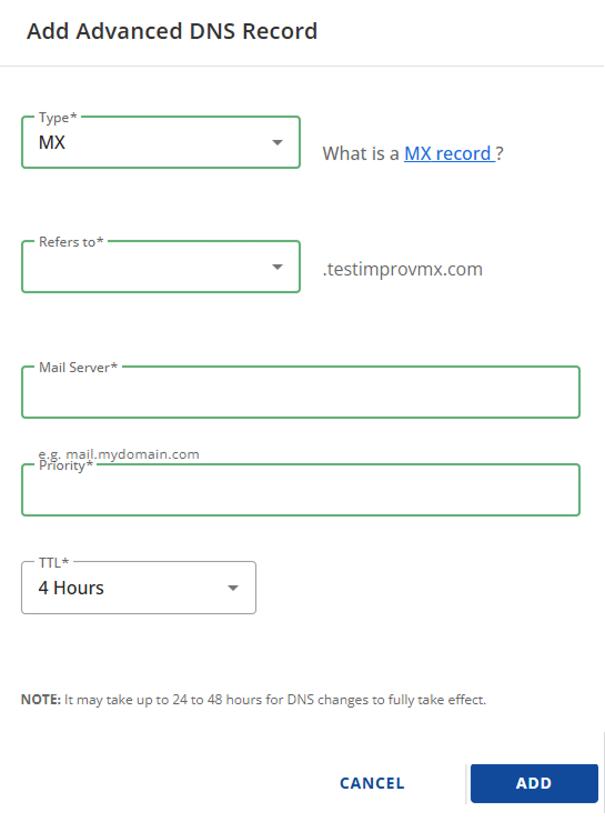 Bluehost DNS record form