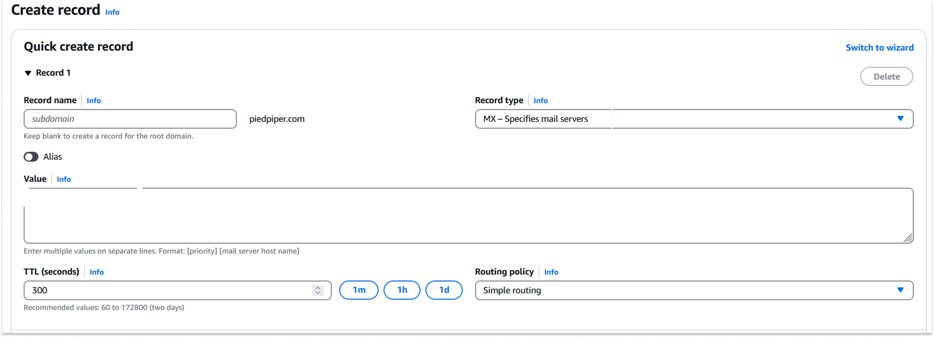 Amazon Route 53 DNS record form